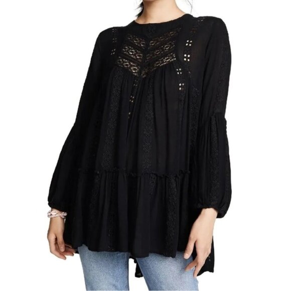 Free People Tops - Free People Kiss Kiss Tunic Lace Eyelet Black Sz XS